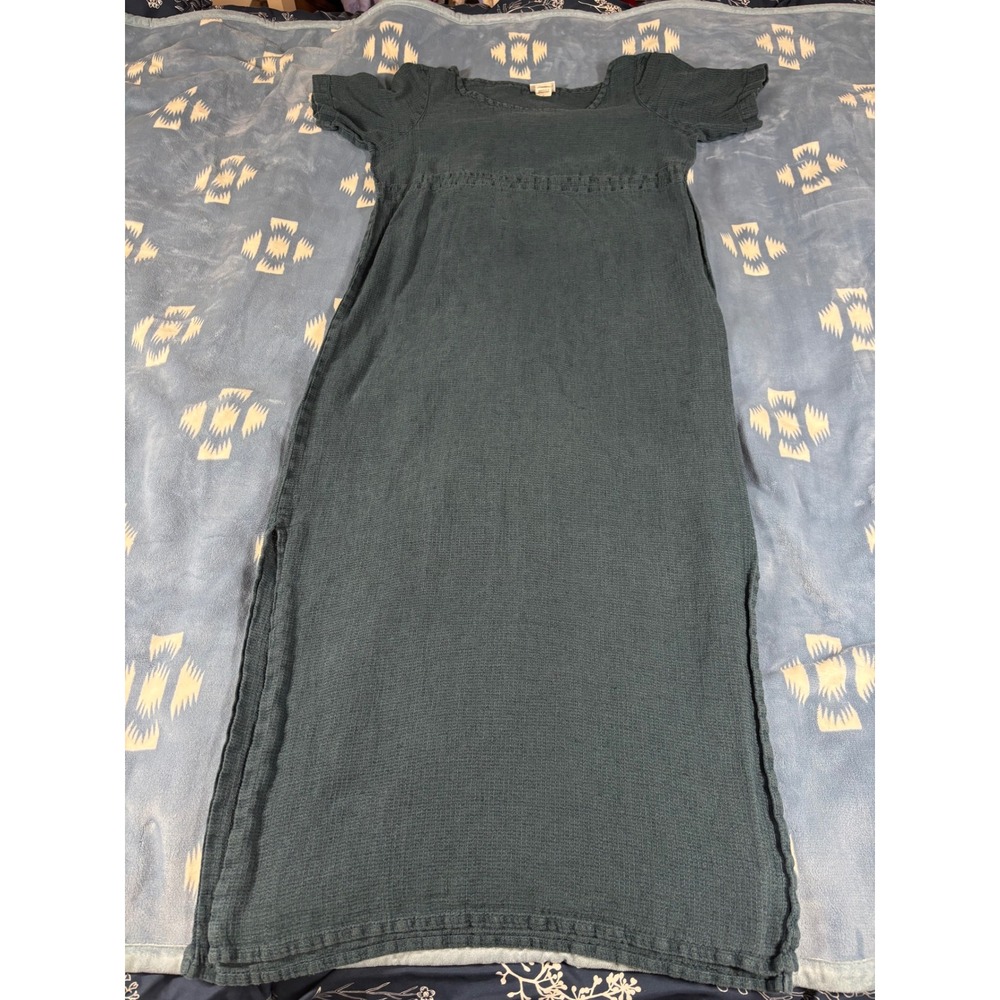 Eileen Fisher Teal Blue Waffle Gauze Maxi Dress Empire Waist Short Sleeve 50" L